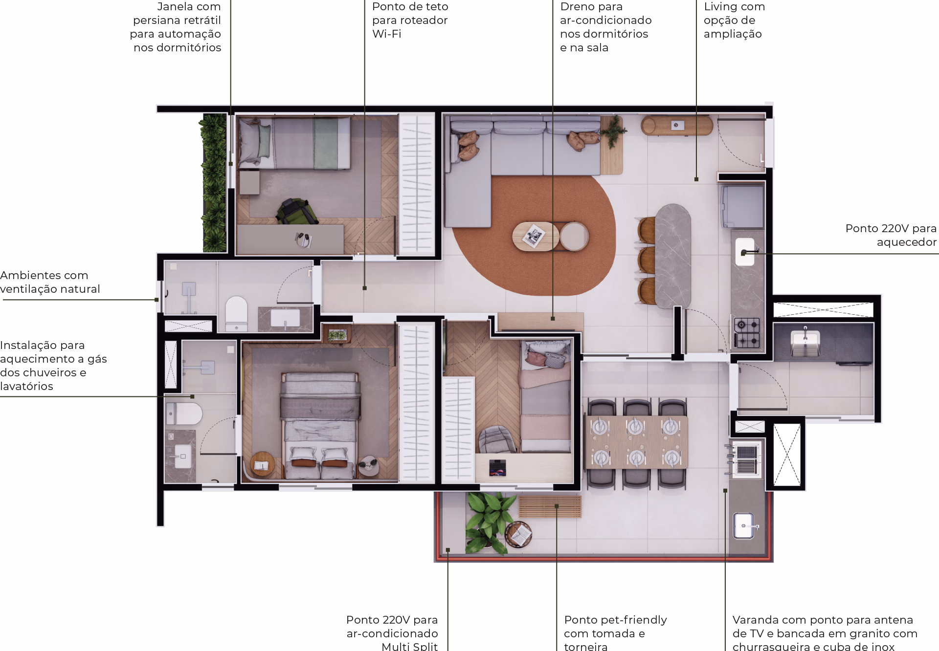 Planta ilustrada do apartamento de 74m²